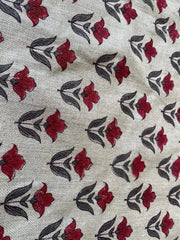 Small Flower Block Print Handloom Linen Fabric ,upholstery Fabric, pillow Cover Fabric, Thick fabric natural linen, Grey - Red - Rohiyaan